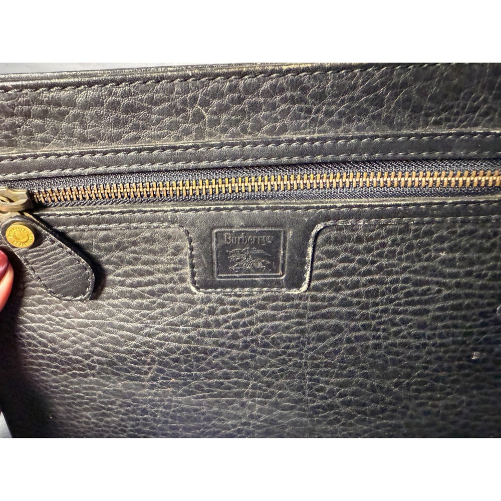 Burberrys Black Leather Clutch Bag Wristlet Pouch Zippered Front Pocket Vintage - Picture 11 of 12